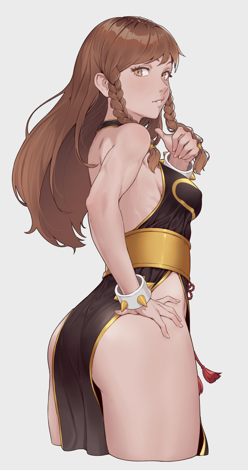 1girl, alternate_costume, ass, bangs, bare_shoulders, bracelet, braid, breasts