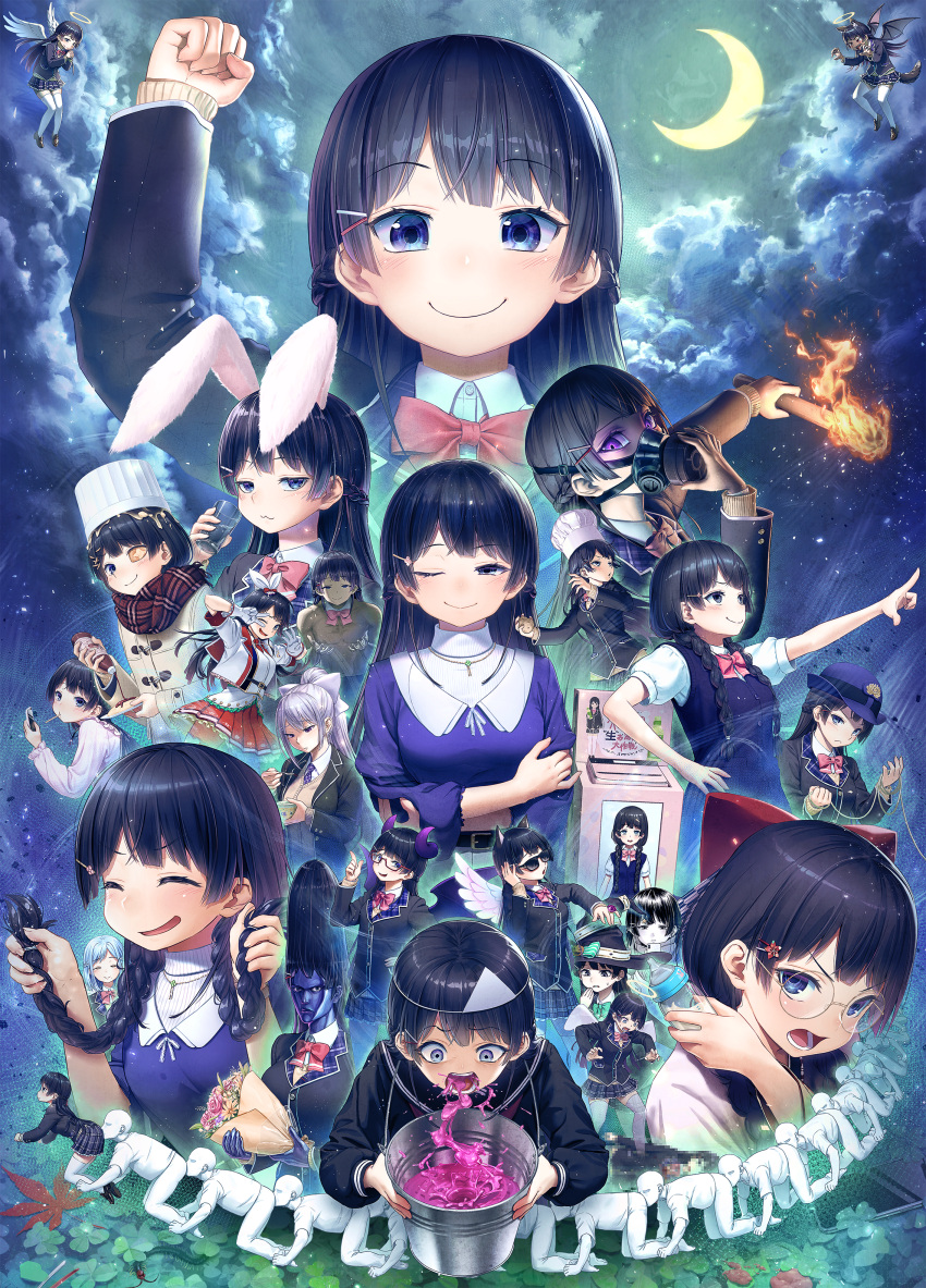 3girls, :3, absurdres, angel_wings, animal_ears, arm_up, baby_bottle, bangs