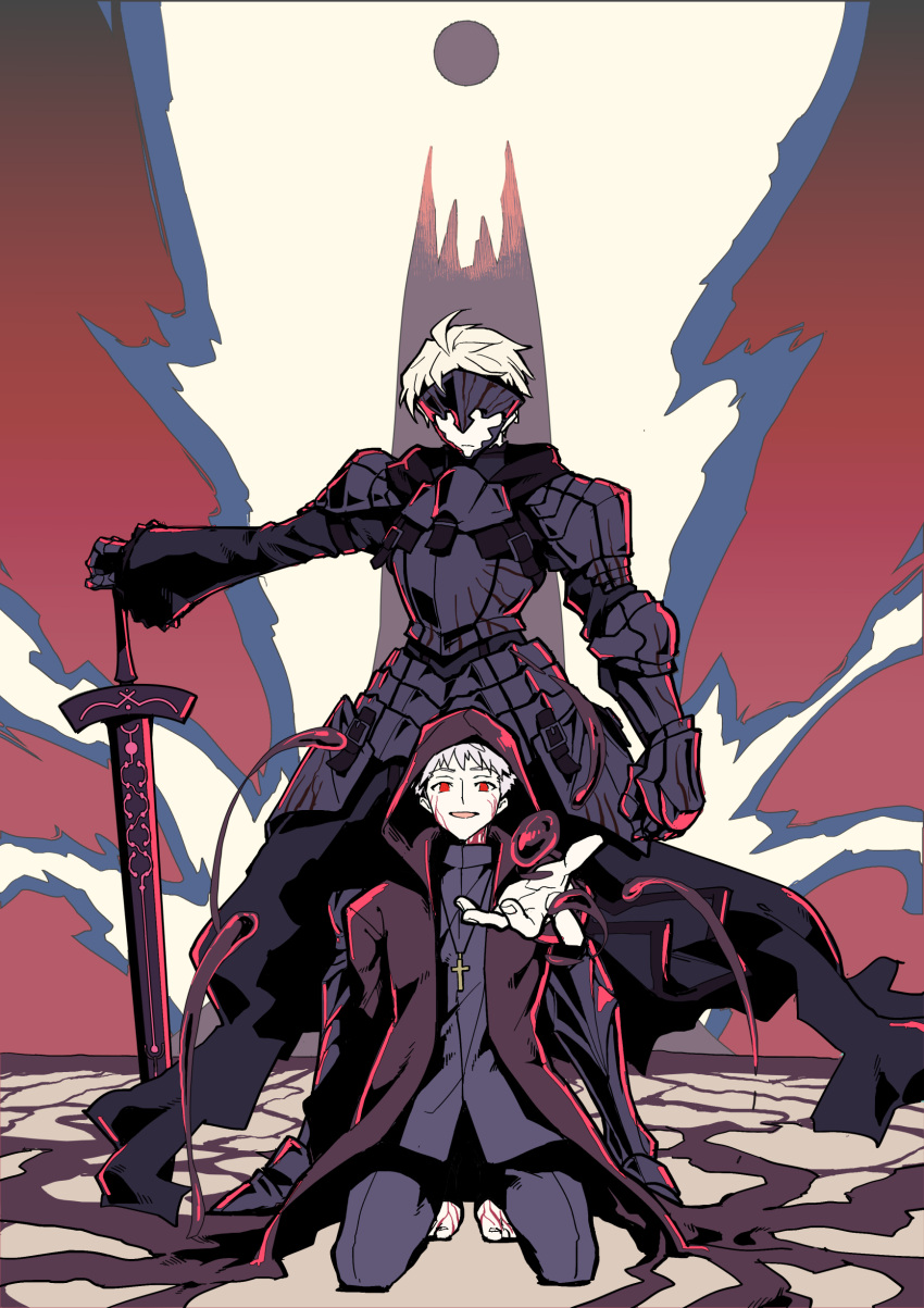 2boys, absurdres, armor, armored_gloves, arthur_pendragon_(fate), artoria_pendragon_(all), barefoot, cross