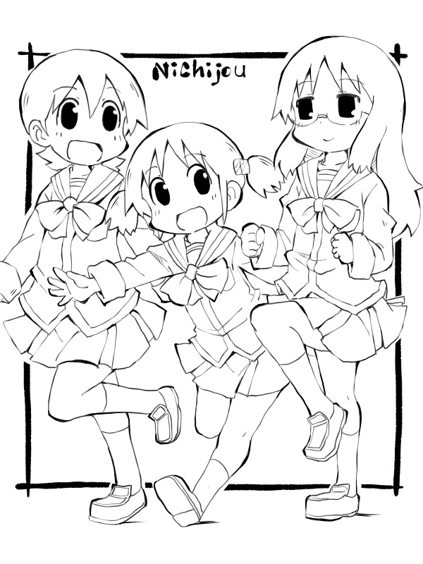 3girls, aioi_yuuko, bangs, bow, commentary_request, frame, full_body, glasses