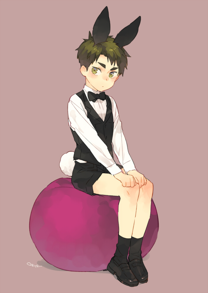 1boy, animal_ears, blush, bow, bowtie, brown_eyes, brown_hair, bunny_tail