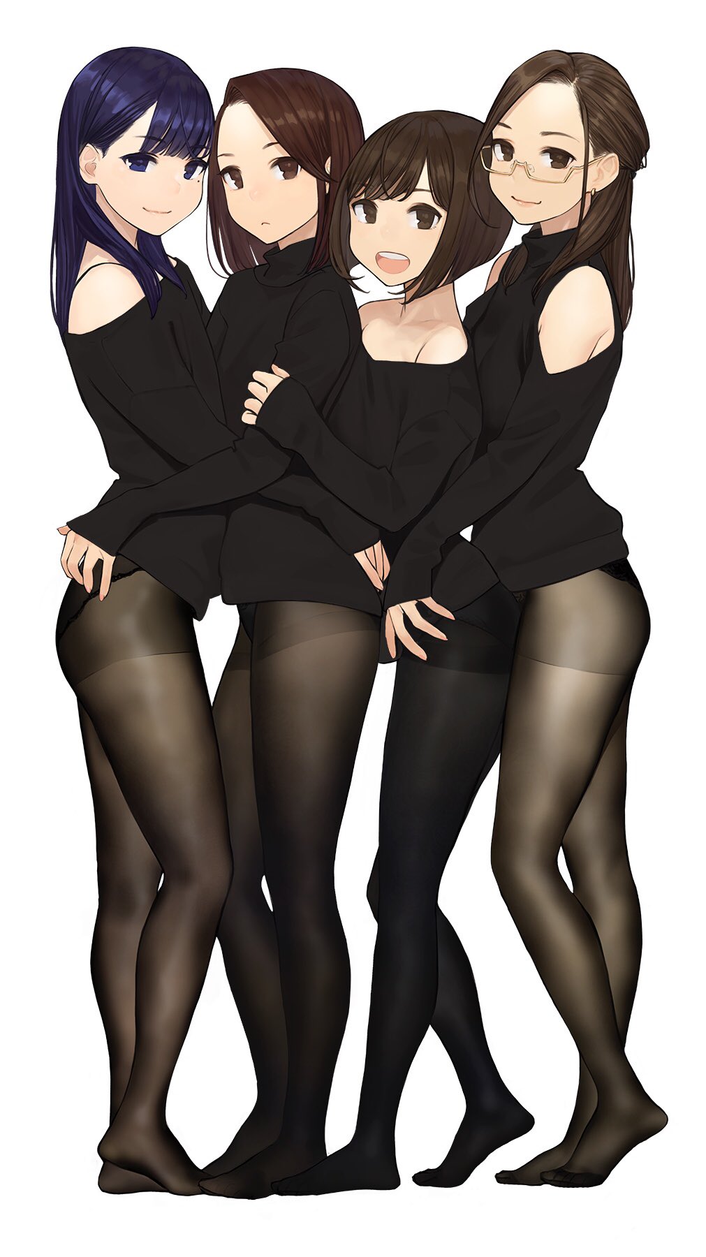 4girls, :<, :d, aikawa_ren, bangs, bare_shoulders, black_legwear, black_panties