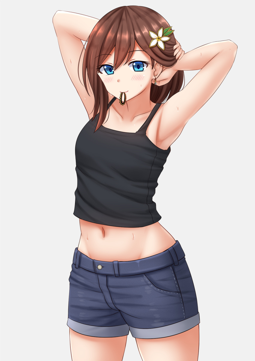 1girl, armpits, arms_behind_head, arms_up, bangs, bare_arms, bare_shoulders, black_camisole