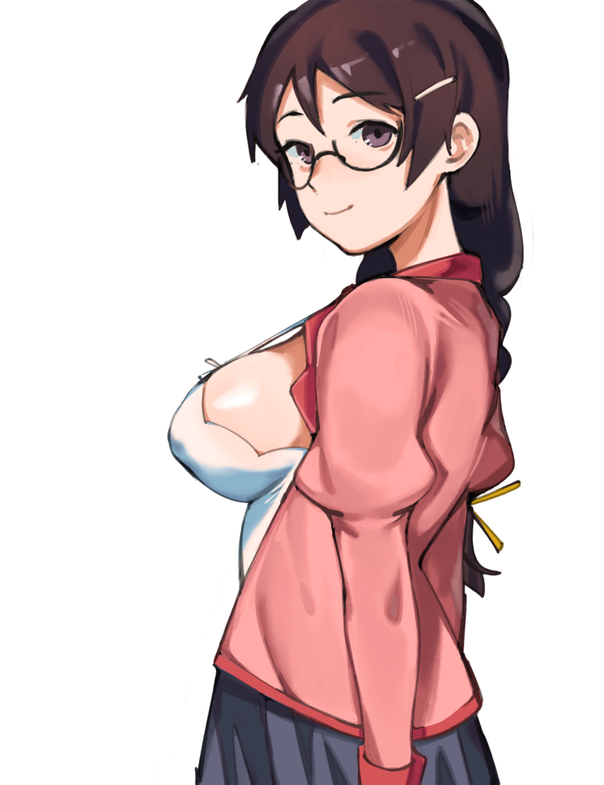 1girl, bakemonogatari, black_eyes, black_hair, breasts, closed_mouth, glasses, hanekawa_tsubasa, juliet_sleeves, large_breasts, lingerie, long_hair, long_sleeves, looking_at_viewer, monogatari_(series), negligee, puffy_sleeves, roropull, semi-rimless_eyewear, shirt, simple_background, solo, under-rim_eyewear, underwear, upper_body, white_background