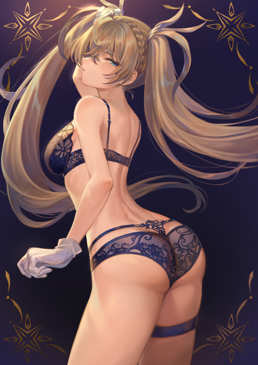 1girl, arm_up, ass, back, bangs, bare_shoulders, blonde_hair, blue_bra