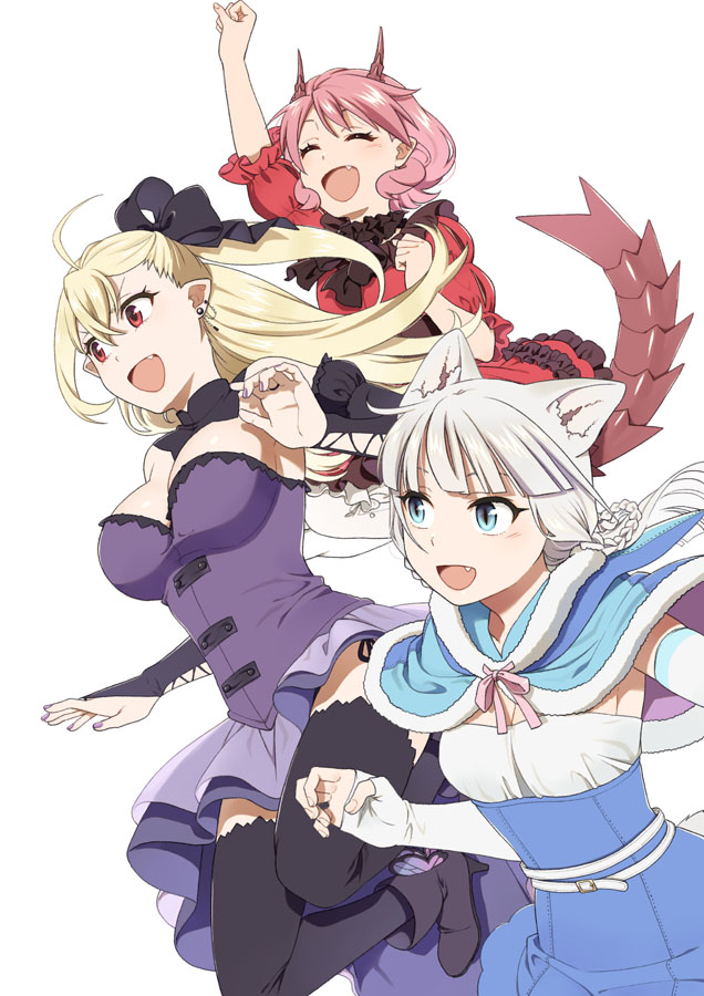 3girls, :d, ^_^, animal_ear_fluff, animal_ears, arm_up, bangs, black_bow