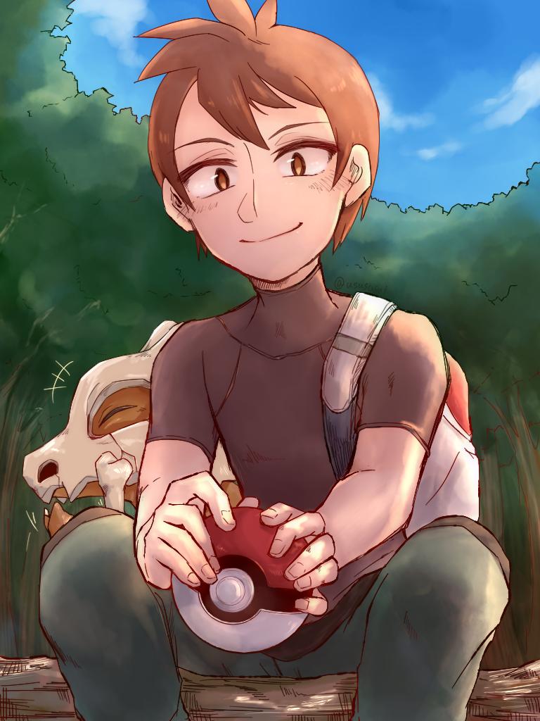 1boy, backpack, bag, brown_eyes, cubone, forest, log, nature