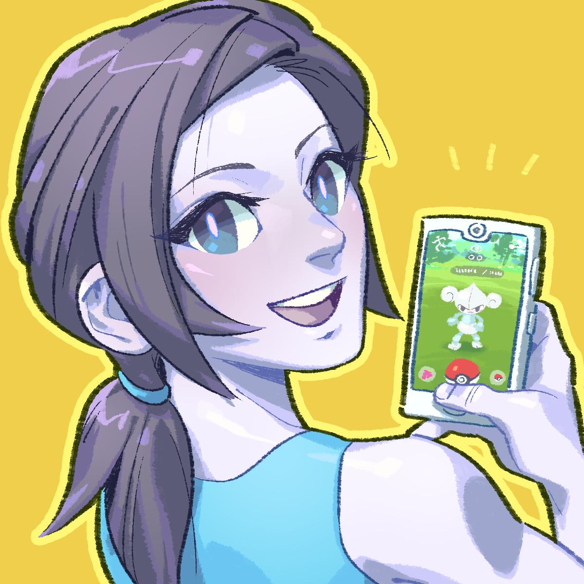 1girl, adult, black_hair, blue_eyes, cellphone, creatures_(company), game_freak, gen_3_pokemon
