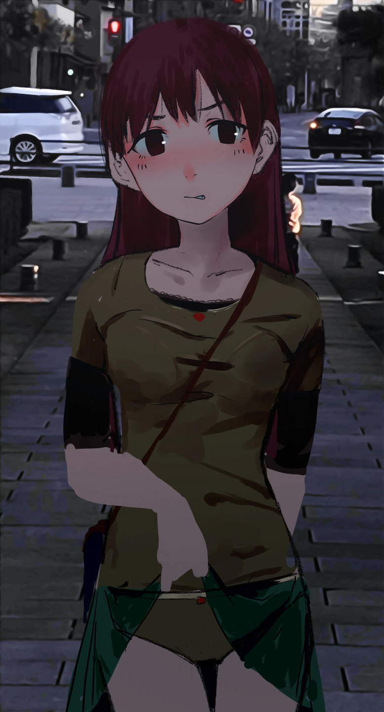 1girl, alternate_costume, bangs, blush, breasts, brown_hair, car, clenched_teeth, collarbone, green_panties, green_shirt, green_skirt, ground_vehicle, highres, honda, honda_insight, kantai_collection, lifted_by_self, long_hair, medium_breasts, motor_vehicle, ooi_(kantai_collection), outdoors, panties, photo_background, sakieko, shirt, short_sleeves, sketch, skirt, solo, teeth, toyota, toyota_estima, undershirt, underwear