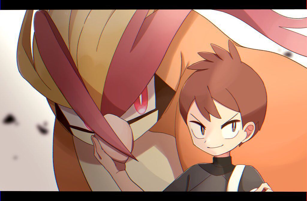 1boy, backpack, bag, black_shirt, brown_eyes, brown_hair, glowing, glowing_eyes, letterboxed, pidgeot, pokemon, pokemon_(game), pokemon_lgpe, shin_(pokemon), shirt, short_hair, smile, smirk, turtleneck