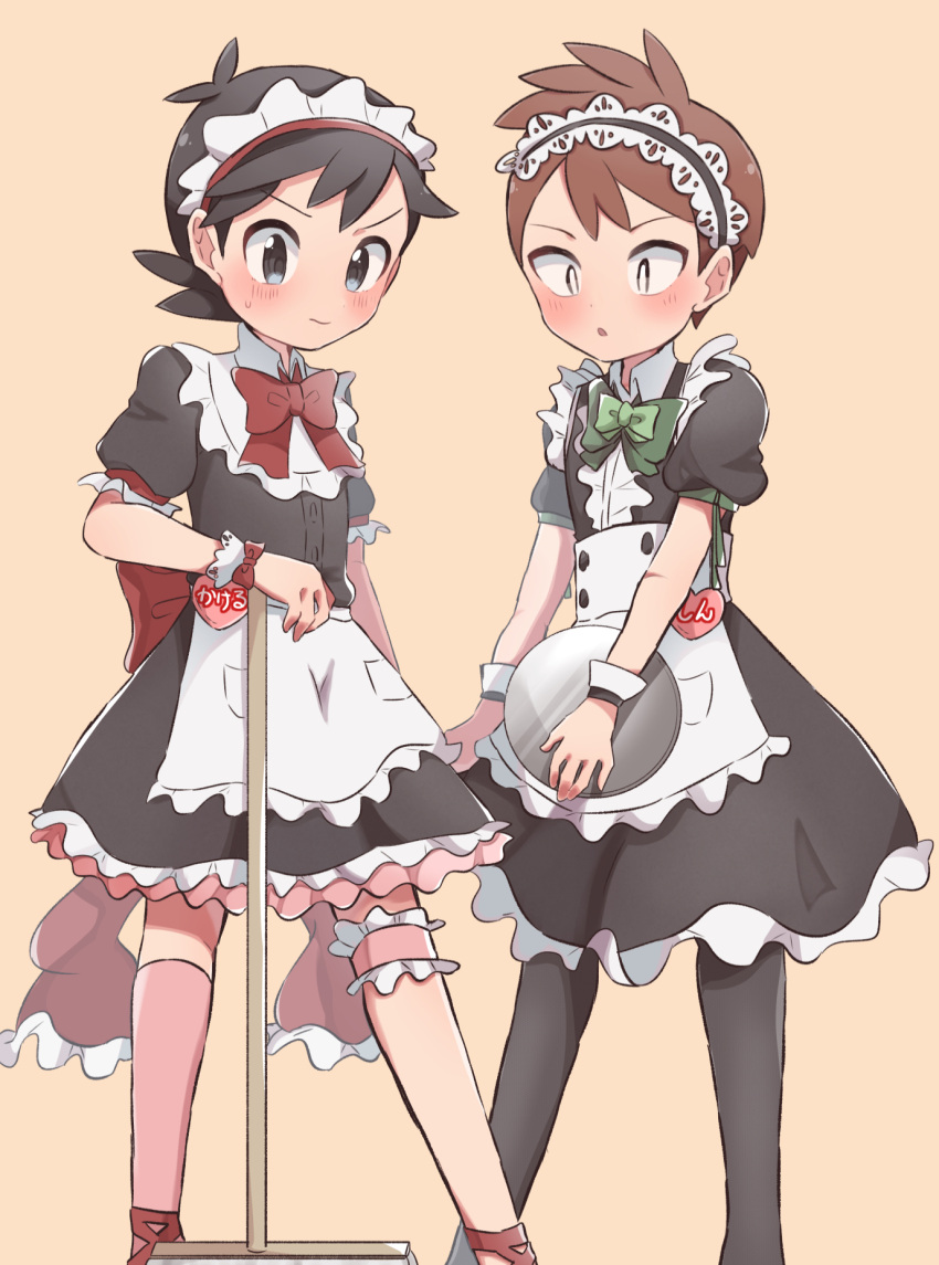 2boys, alternate_costume, apron, black_dress, black_eyes, black_hair, blush, brown_eyes, brown_hair, crossdressinging, dress, enmaided, frilled_apron, frills, hachi_(hachi_sin), highres, holding, holding_tray, kakeru_(pokemon), maid, maid_apron, maid_headdress, mop, multiple_boys, pokemon, pokemon_(game), pokemon_lgpe, puffy_short_sleeves, puffy_sleeves, shin_(pokemon), short_hair, short_sleeves, thigh-highs, tray, waist_apron, white_apron