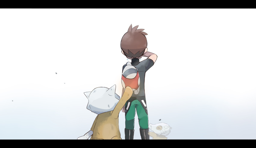 1boy, backpack, bag, black_shirt, bone, brown_hair, cubone, highres