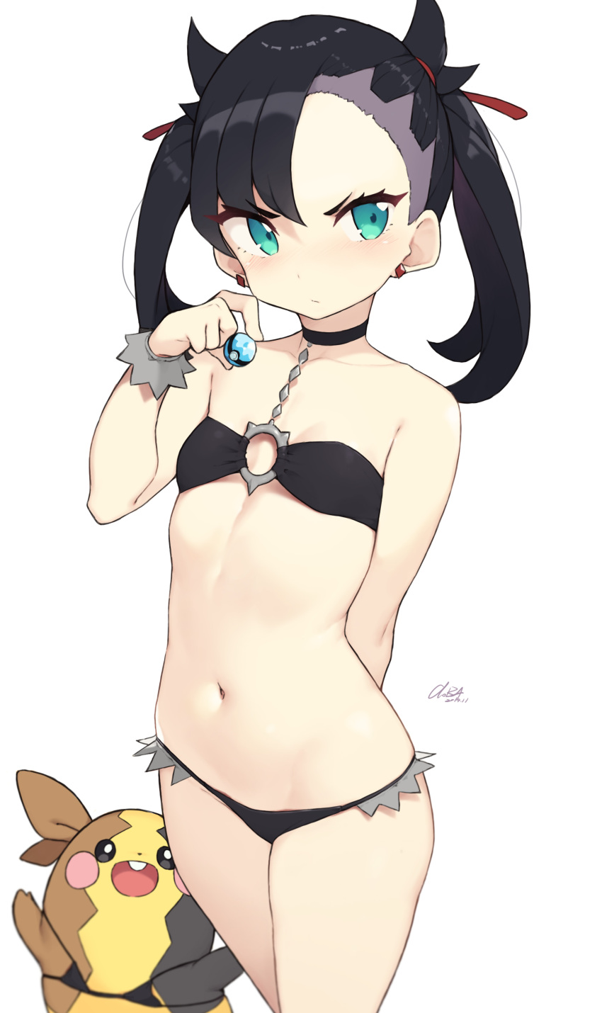 1girl, absurdres, arm_behind_back, bare_shoulders, bikini, black_bikini, black_hair, blue_eyes