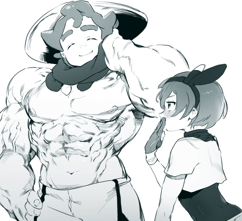 1boy, 1girl, absurdres, bodysuit_under_clothes, closed_eyes, freckles, gym_leader, hairband