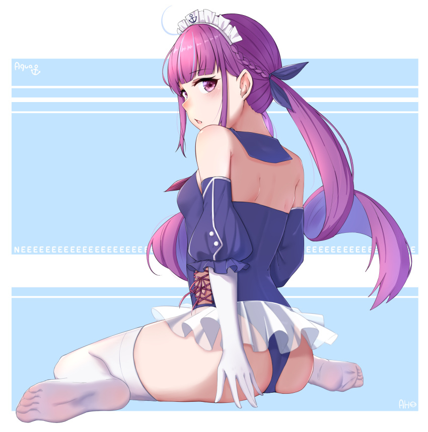 1girl, absurdres, ahoge, anhun, ass, azur_lane, bangs, bare_shoulders, blunt_bangs, blush, breasts, character_name, chestnut_mouth, crossover, detached_sleeves, eyebrows_visible_through_hair, from_behind, full_body, gloves, hair_ribbon, highres, hololive, leotard, long_hair, looking_at_viewer, low_twintails, maid_headdress, minato_aqua, nose_blush, open_mouth, purple_hair, ribbon, shoulder_blades, signature, sitting, small_breasts, soles, solo, thigh-highs, tutu, twintails, very_long_hair, violet_eyes, virtual_youtuber, wariza, white_gloves, white_legwear
