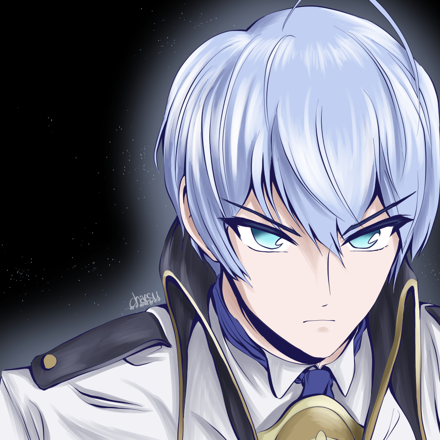 aqua_eyes, bangs, black_background, blue_neckwear, chaesu, collar, eyebrows_visible_through_hair, hair_between_eyes, londrekia, shoulder_pads, silver_hair, tagme, under_night_in-birth, uniform, white_hair