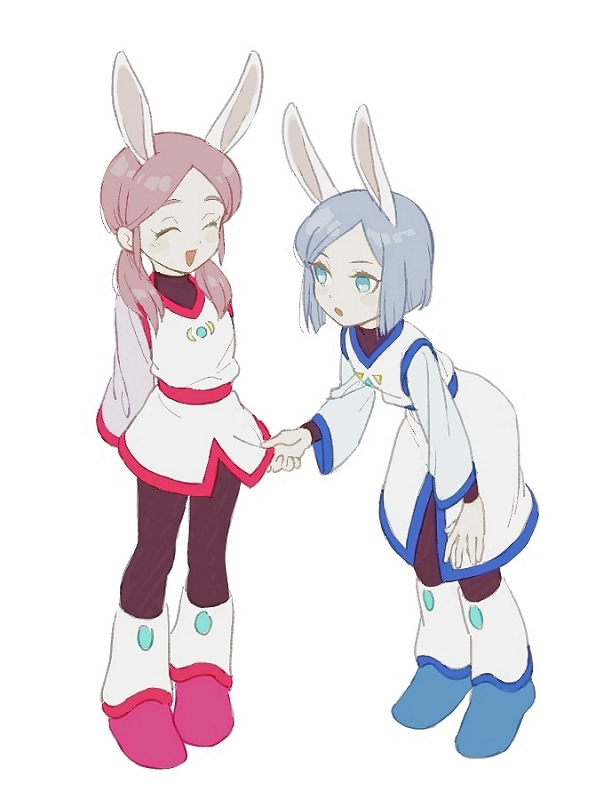 2girls, :o, ^_^, animal_ears, aqua_eyes, arms_behind_back, blue_hair, bob_cut