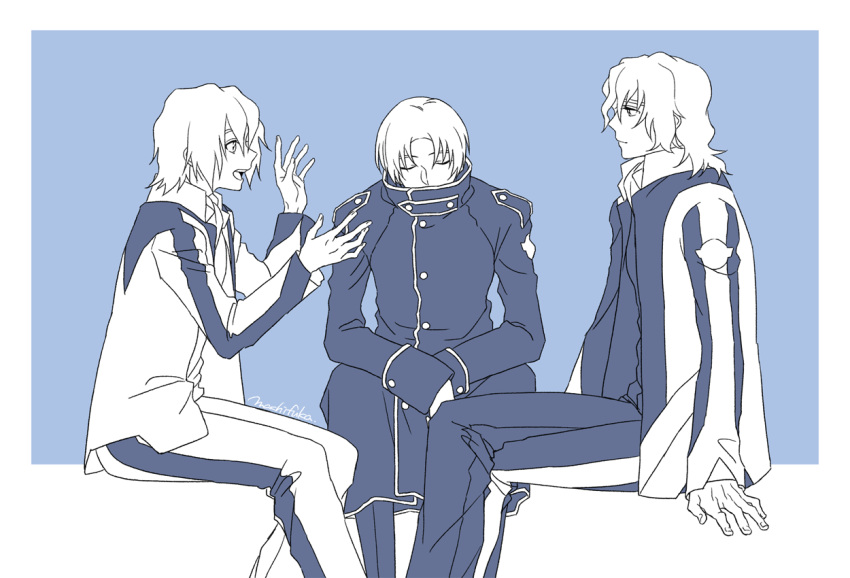 3boys, bangs, blue_background, blue_theme, closed_eyes, coat, crossed_legs, high_collar, invisible_chair, jacket, kasugai_koyo, kurusu_misao, long_sleeves, machi_fuka, makabe_kazuki, medium_hair, monochrome, multiple_boys, open_mouth, parted_bangs, short_hair, signature, sitting, smile, soukyuu_no_fafner, uniform