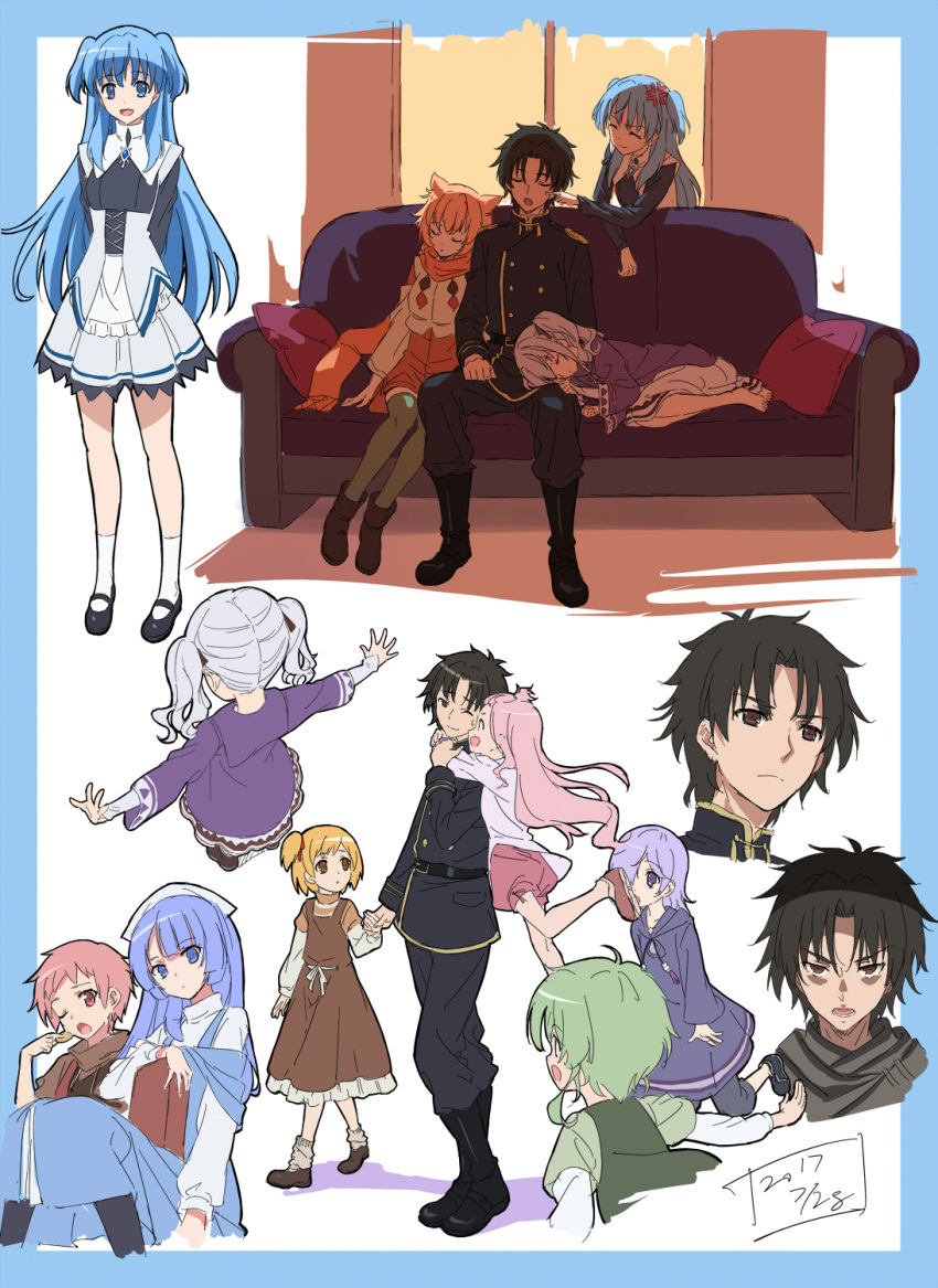 1boy, almaria_duffner, blonde_hair, blue_hair, chtholly_nota_seniorious, elq_hrqstn, flower, hat