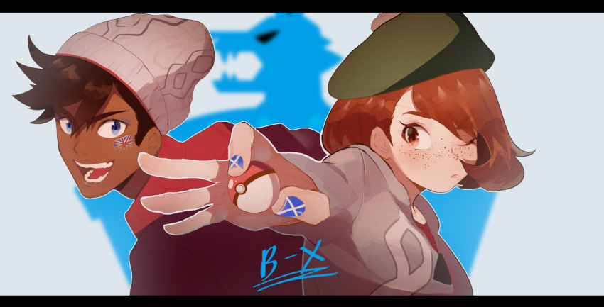 1boy, 1girl, alternate_skin_color, beanie, brown_hair, commentary, dark_skin, english_commentary, facial_tattoo, flag_print, freckles, grey_cardigan, hat, highres, holding, holding_poke_ball, letterboxed, masaru_(pokemon), one_eye_closed, poke_ball, poke_ball_(generic), pokemon, pokemon_(game), pokemon_swsh, scottish_flag, sly-8, tam_o'_shanter, tattoo, union_jack, very_dark_skin, yuuri_(pokemon)