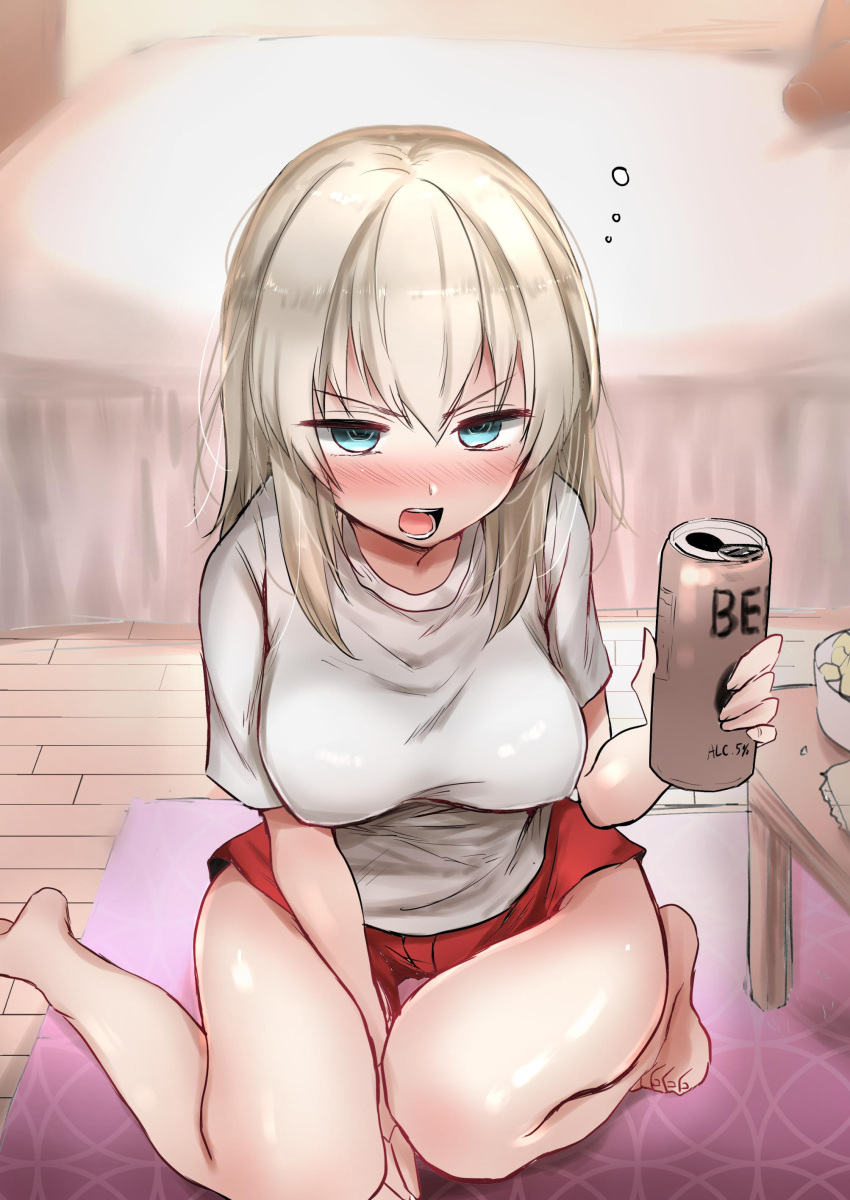 1girl, absurdres, bangs, barefoot, bed, bedroom, beer_mug, between_legs