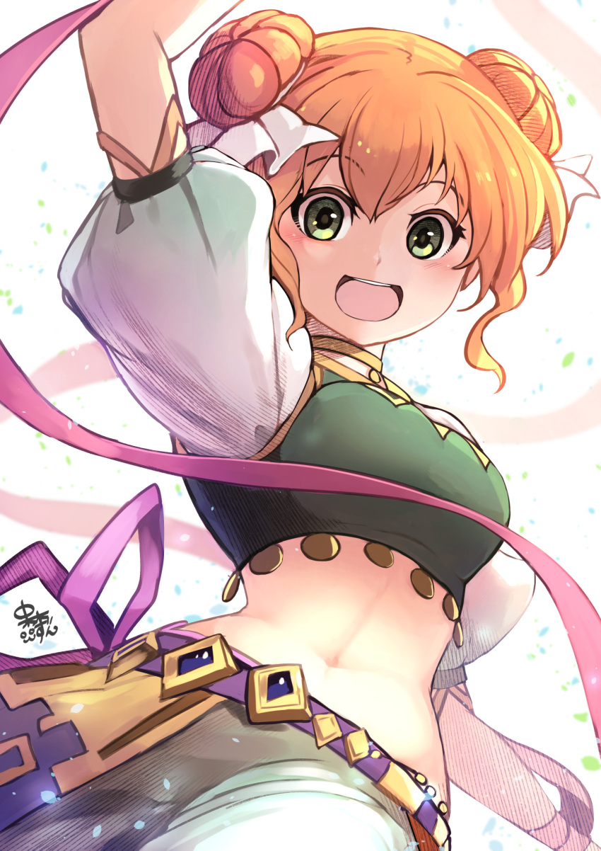 1girl, arm_up, double_bun, fire_emblem, fire_emblem:_the_binding_blade, green_eyes, highres, larum_(fire_emblem), midriff, nakabayashi_zun, open_mouth, orange_hair, simple_background, solo, white_background