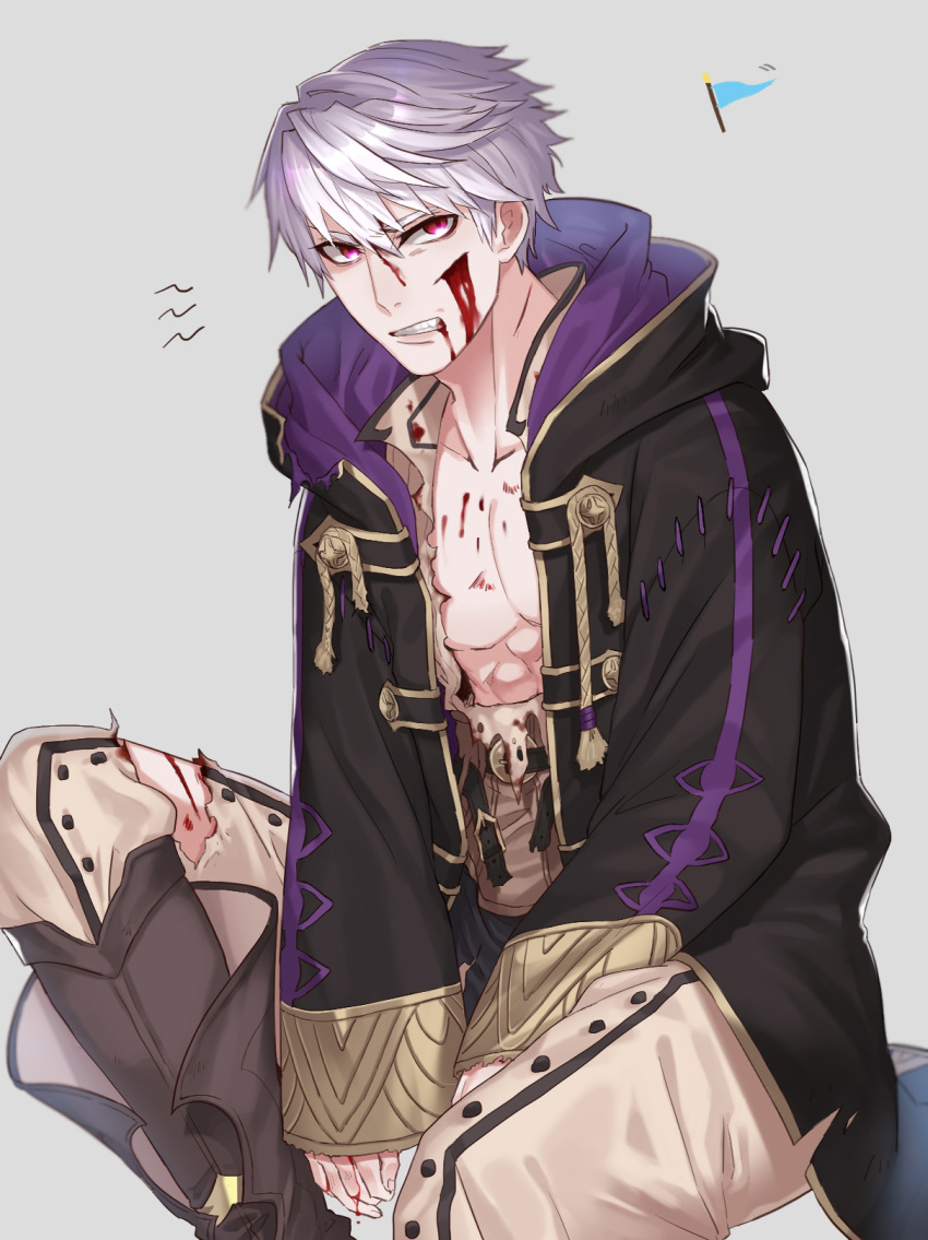 1boy, bangs, between_legs, black_coat, blood, blood_on_face, boots, brown_footwear