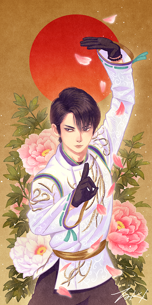 1boy, 2018_winter_olympics, black_gloves, black_hair, bracelet, cowboy_shot, figure_skating, flower