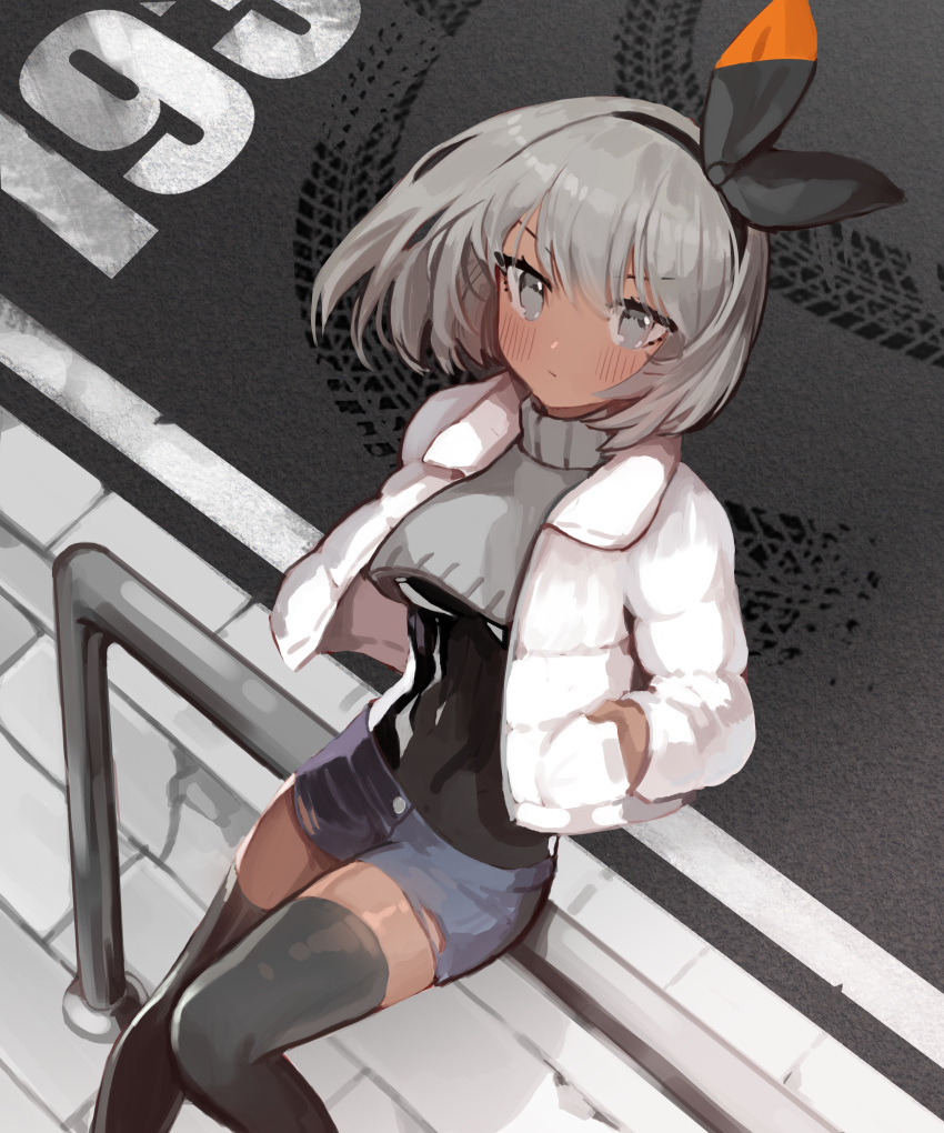 1girl, absurdres, alternate_costume, bangs, black_bodysuit, black_hairband, black_legwear, black_ribbon, blush, bodysuit, bodysuit_under_clothes, breasts, casual, closed_mouth, coat, covered_navel, crop_top, dark_skin, day, eyebrows_visible_through_hair, feet_out_of_frame, from_above, grey_eyes, grey_shorts, hair_ribbon, hairband, hands_in_pockets, highres, long_sleeves, looking_at_viewer, looking_up, open_clothes, open_coat, outdoors, pavement, pn_pixi, pokemon, pokemon_(game), pokemon_swsh, ribbon, road, saitou_(pokemon), short_hair, short_shorts, shorts, silhouette, sitting, skid_mark, small_breasts, solo, street, thigh-highs, torn_clothes, torn_shorts, white_coat