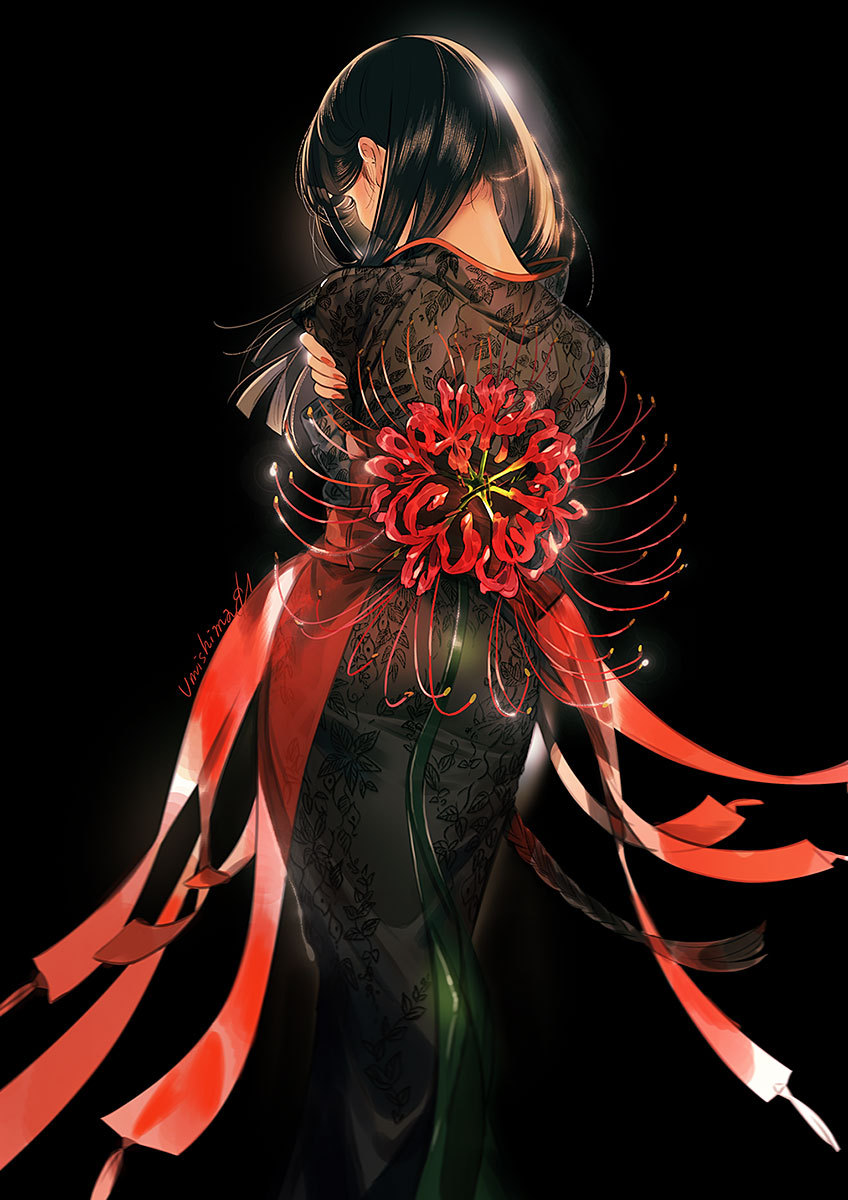 1girl, black_background, black_hair, facing_away, feet_out_of_frame, flower, from_behind, hand_on_own_arm
