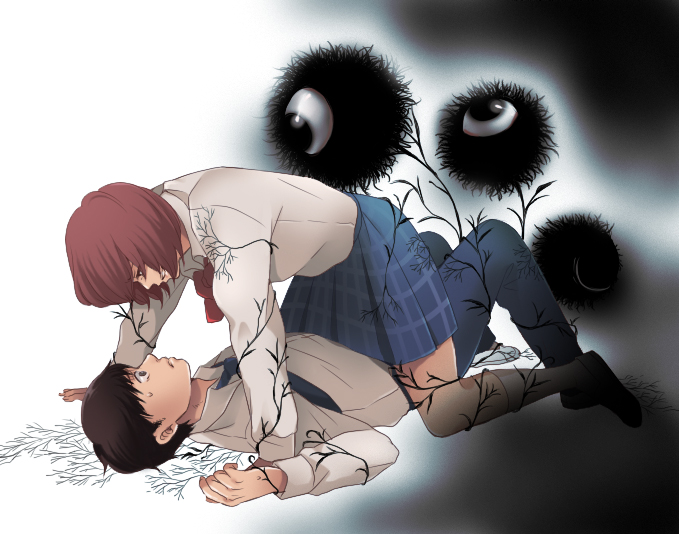 1boy, 1girl, aku_no_hana, black_hair, blue_neckwear, blue_skirt, brown_hair, eye_contact