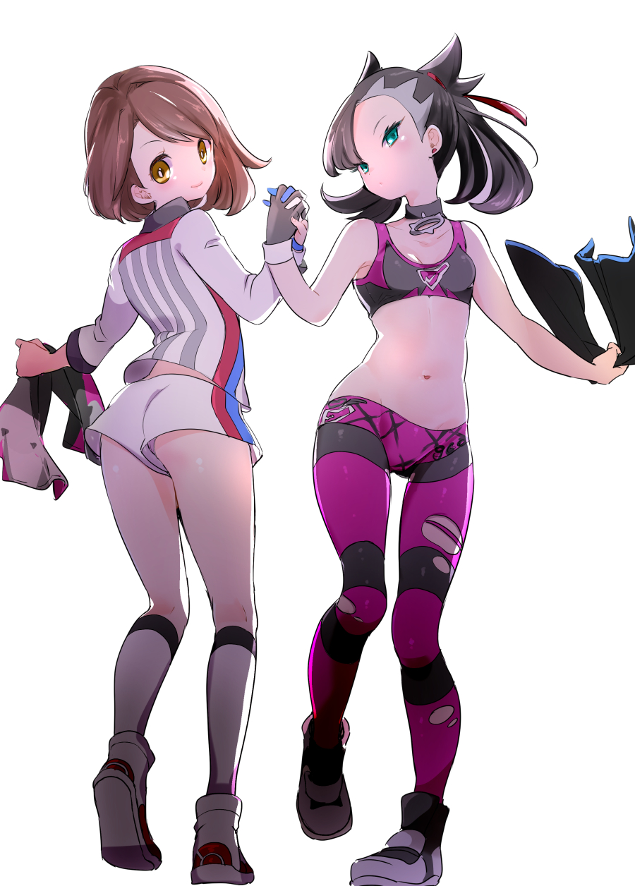 2girls, aqua_eyes, ass, asymmetrical_bangs, bangs, bare_shoulders, black_choker, black_gloves