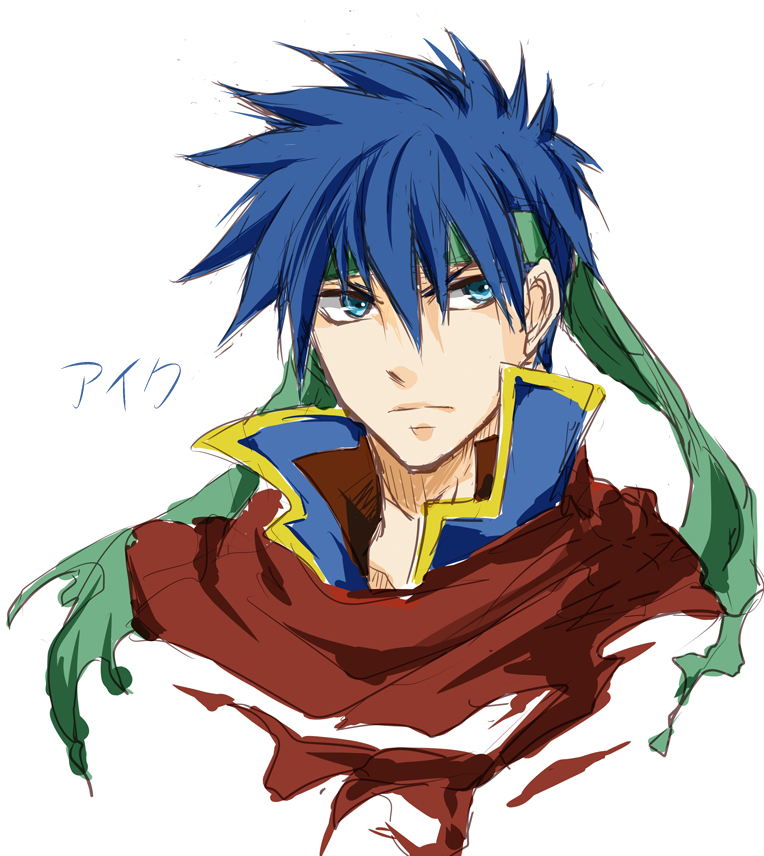1boy, blue_eyes, blue_hair, character_name, commentary_request, fire_emblem, fire_emblem:_path_of_radiance, green_headband, headband, ike_(fire_emblem), looking_at_viewer, male_focus, portrait, red_scarf, scarf, simple_background, sketch, takunori_no_soren, translated, v-shaped_eyebrows, white_background