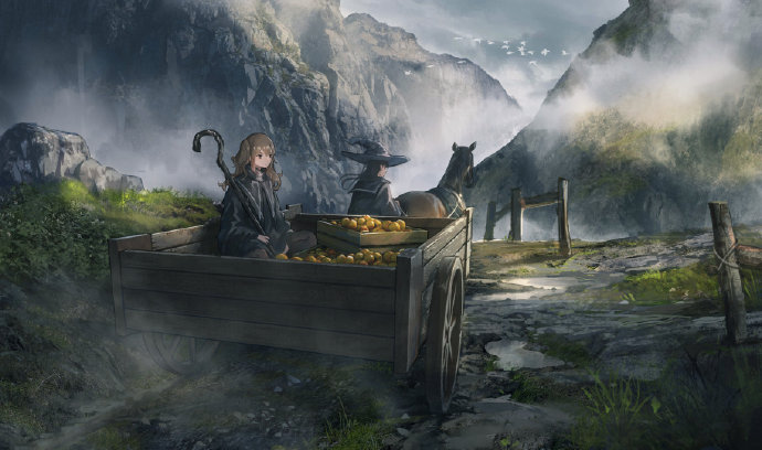 2girls, bird, black_hair, brown_hair, cart, day, food, from_behind