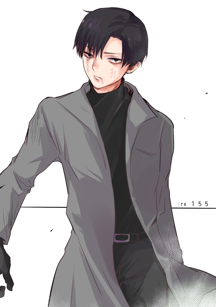 1boy, belt, black_eyes, black_gloves, black_hair, black_pants, coat, damaged
