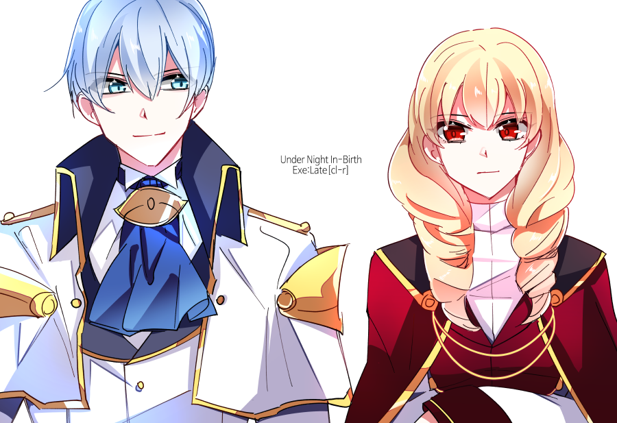 1boy, 1girl, aqua_eyes, bangs, black_background, blonde_hair, blue_neckwear, breasts