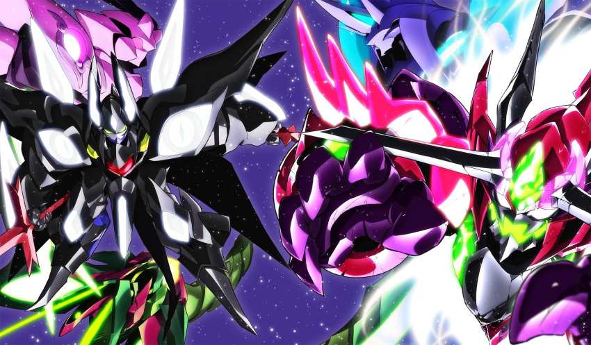 aconite_renata, cellar_door_nocturne, commentary_request, crack, dual_wielding, glowing, glowing_eyes, glowing_mouth, granbelm, green_eyes, highres, holding, horns, ji_guan_long, jimmy_stone, mecha, no_humans, official_art, orb, pink_eyes, setsgets_baika, sky, star_(sky), starry_sky, sword, viola_katze_ff, weapon