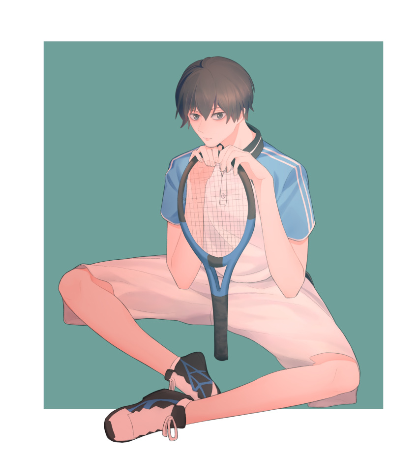 1boy, absurdres, black_hair, blue_background, full_body, hair_between_eyes, highres, hoshiai_no_sora