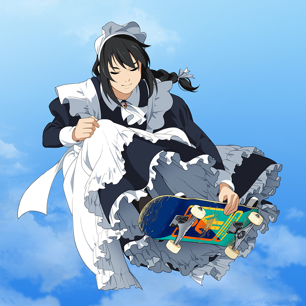 1girl, black_hair, blue_sky, bonnet, bow, braid, braided_ponytail, brooch