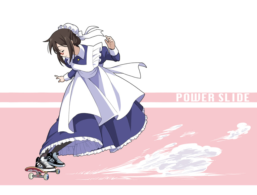 1girl, apron, bangs, black_footwear, black_hair, blue_dress, braking, breasts