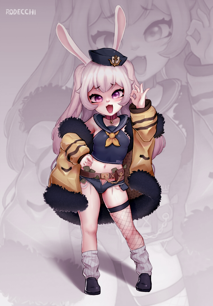 1girl, animal_ears, arm_up, azur_lane, bache_(azur_lane), belt, black_footwear, black_headwear