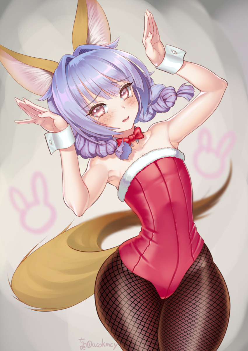 1girl, animal_ear_fluff, animal_ears, armpits, arms_up, bare_shoulders, black_legwear, blue_hair