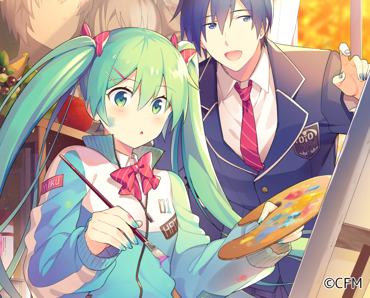 1boy, 1girl, aqua_eye, aqua_hair, aqua_nails, art_room, badge, banana