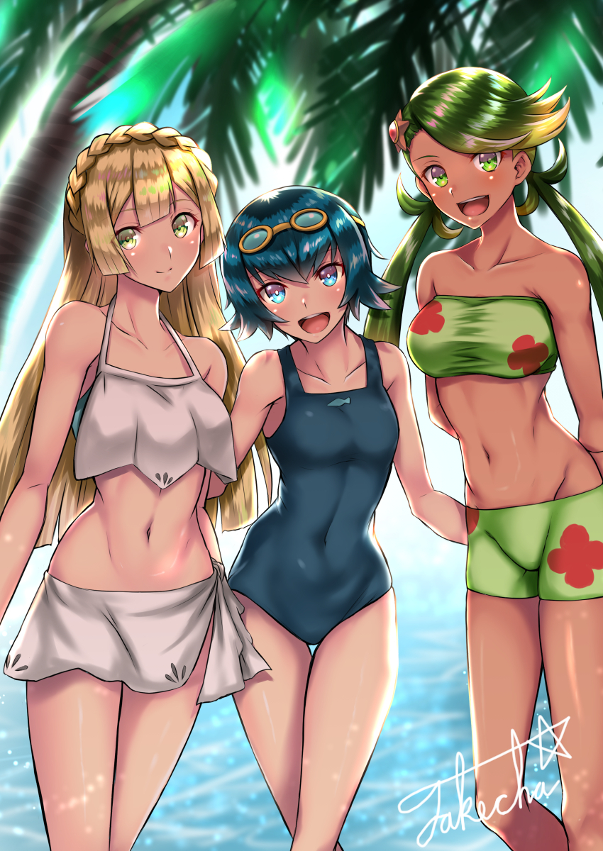 3girls, bare_shoulders, bikini, blonde_hair, blue_eyes, blue_hair, braid, closed_mouth