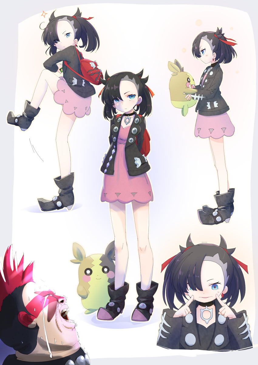 1boy, 1girl, absurdres, ankle_boots, arms_behind_back, asymmetrical_bangs, asymmetrical_hair, backpack