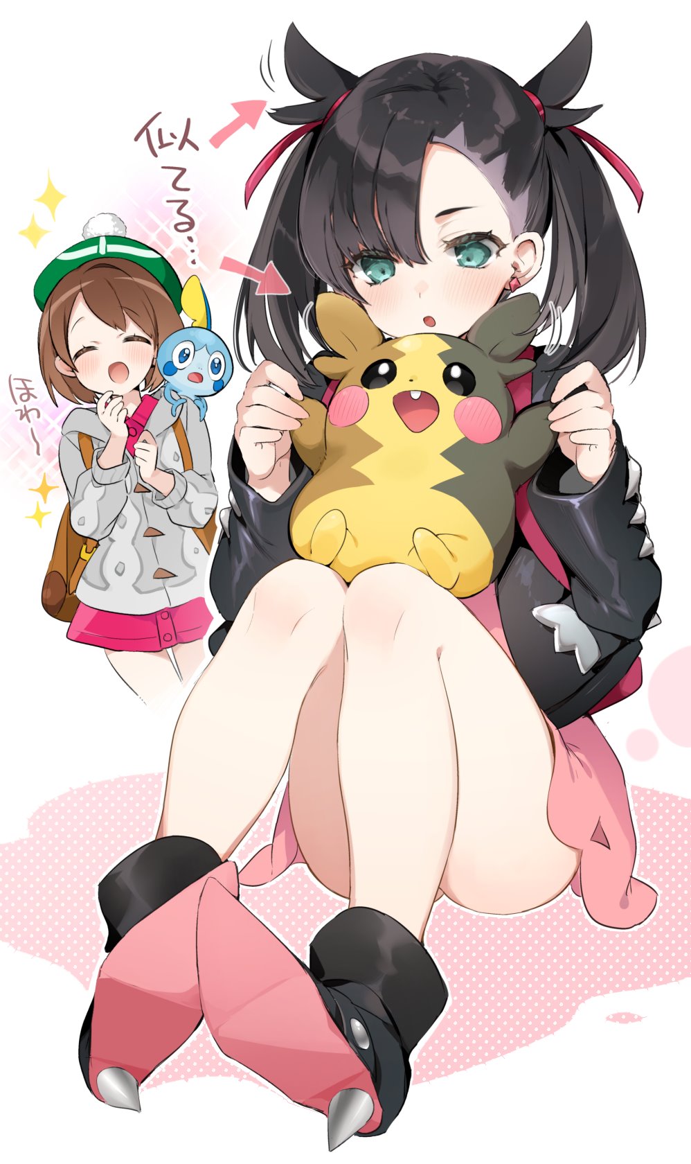 2girls, :d, :o, ^_^, ankle_boots, aqua_eyes, asymmetrical_bangs, backpack