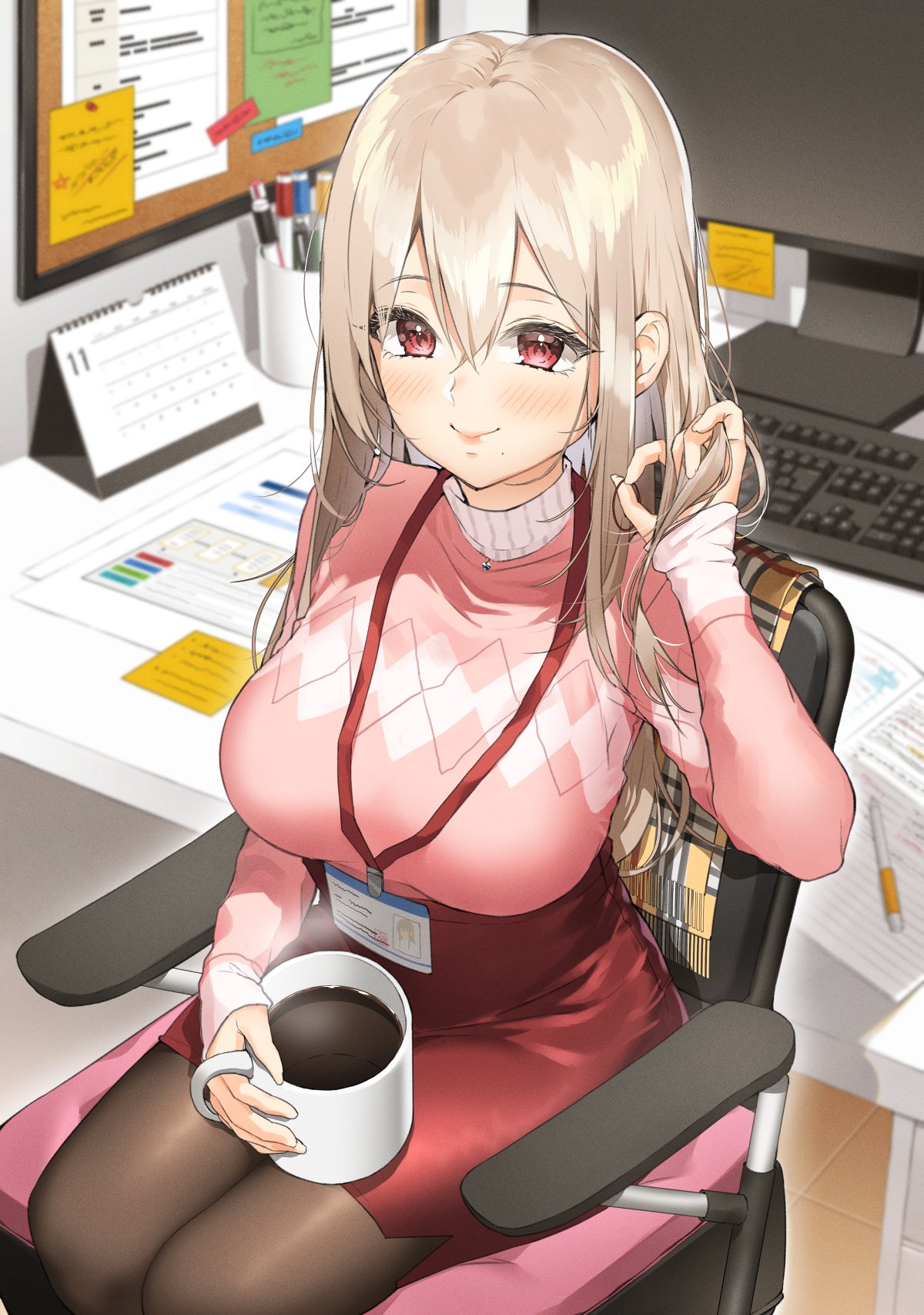1girl, bangs, blush, breasts, bulletin_board, calendar_(object), chair, closed_mouth