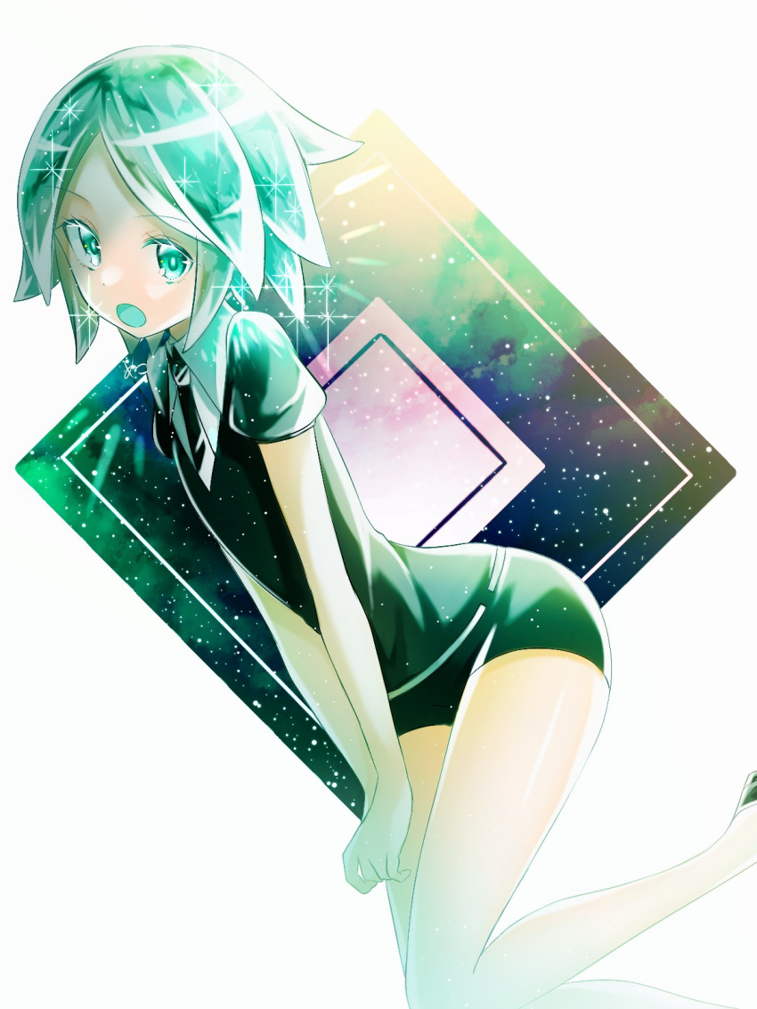 1other, :o, androgynous, aqua_eyes, aqua_hair, black_neckwear, black_shirt, black_shorts