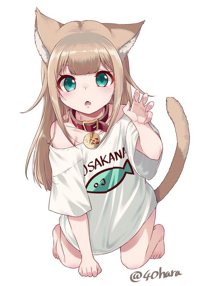 1girl, 40hara, all_fours, animal_ear_fluff, animal_ears, aqua_eyes, bangs, barefoot
