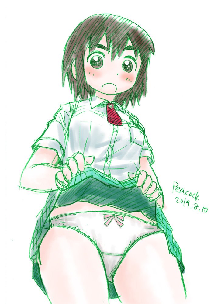 1girl, ayase_fuuka, bangs, blush, brown_eyes, brown_hair, collared_shirt, commentary_request, cowboy_shot, eyebrows, eyebrows_visible_through_hair, graphite_(medium), green_skirt, lifted_by_self, looking_at_viewer, looking_down, necktie, open_mouth, panties, pantyshot, pantyshot_(standing), peacock_(p-location), pleated_skirt, red_neckwear, school_uniform, shirt, short_hair, signature, sketch, skirt, skirt_lift, solo, standing, thick_eyebrows, traditional_media, underwear, white_panties, white_shirt, yotsubato!
